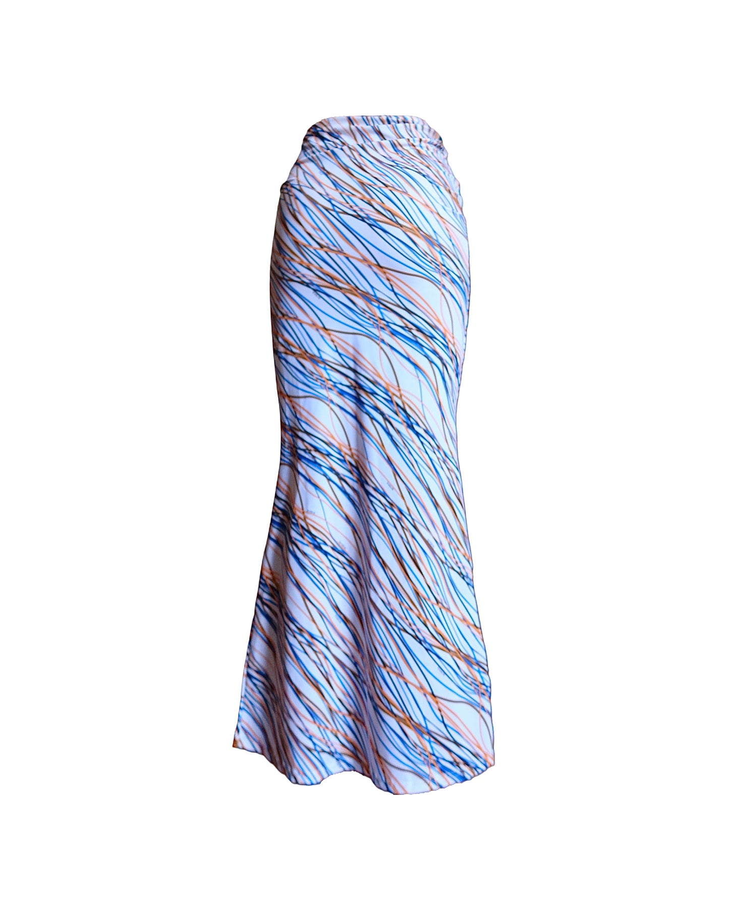 Multicoloured fantasy luxury beachwear long skirt for women made in Italy with draped detail in recycled lycra econyl