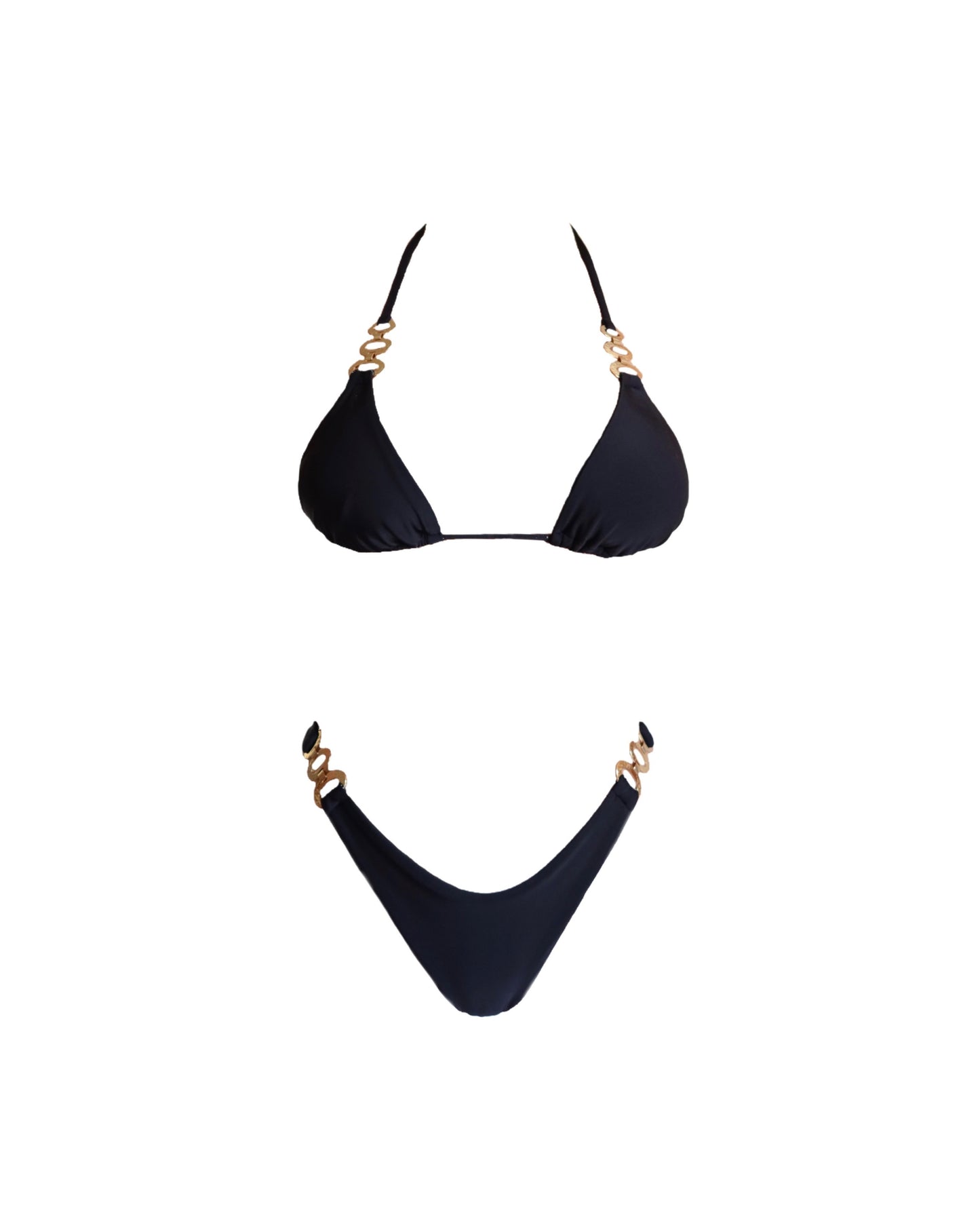 Black luxury swimwear for women made in Italy with gold accessories in recycled lycra econyl