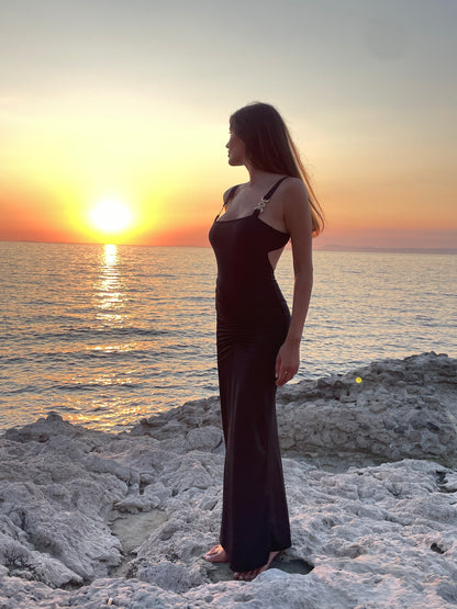Black luxury beachwear long skirt for women made in Italy with draped detail in recycled lycra econyl