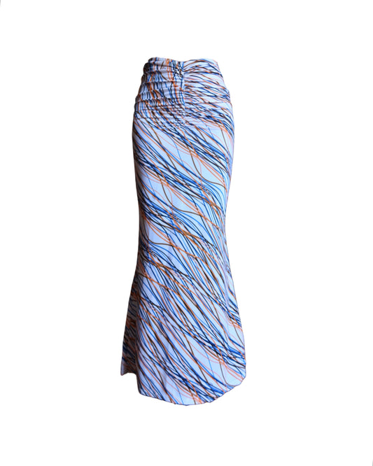 Multicoloured fantasy luxury beachwear long skirt for women made in Italy with draped detail in recycled lycra econyl