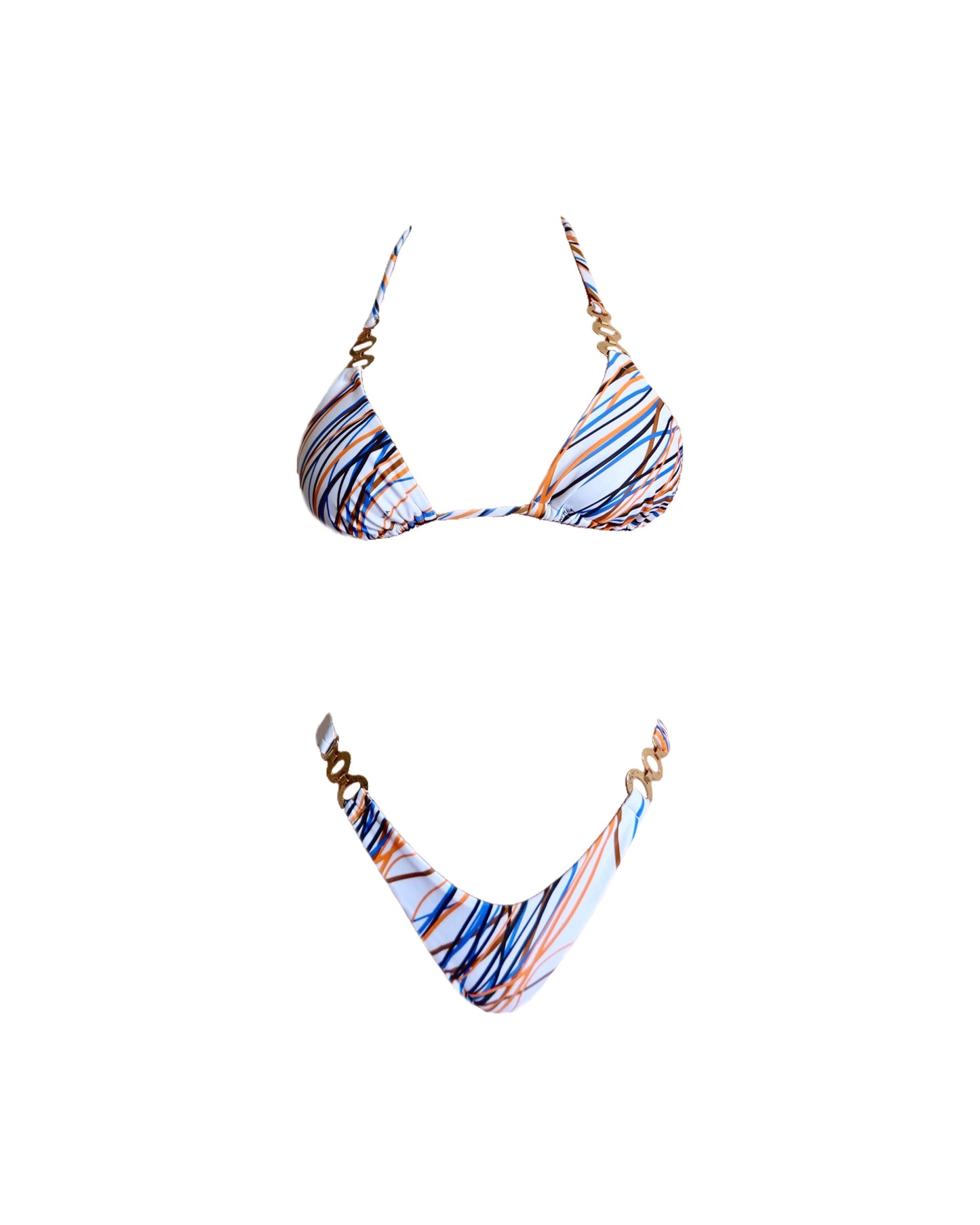 Multicoloured fantasy luxury swimwear for women made in Italy with gold accessories in recycled lycra econyl