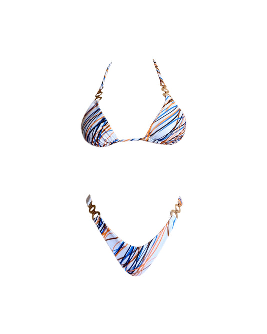 Multicoloured fantasy luxury swimwear for women made in Italy with gold accessories in recycled lycra econyl
