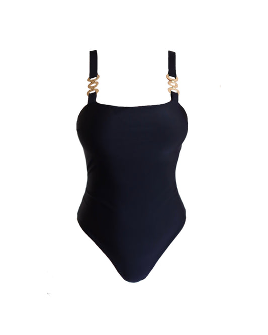 Black luxury one-piece swimwear for women made in Italy with gold accessories in recycled lycra econyl