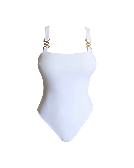 White luxury one-piece swimwear for women made in Italy with gold accessories in recycled lycra econyl