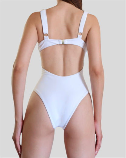 White luxury one-piece swimwear for women made in Italy with gold accessories in recycled lycra econyl