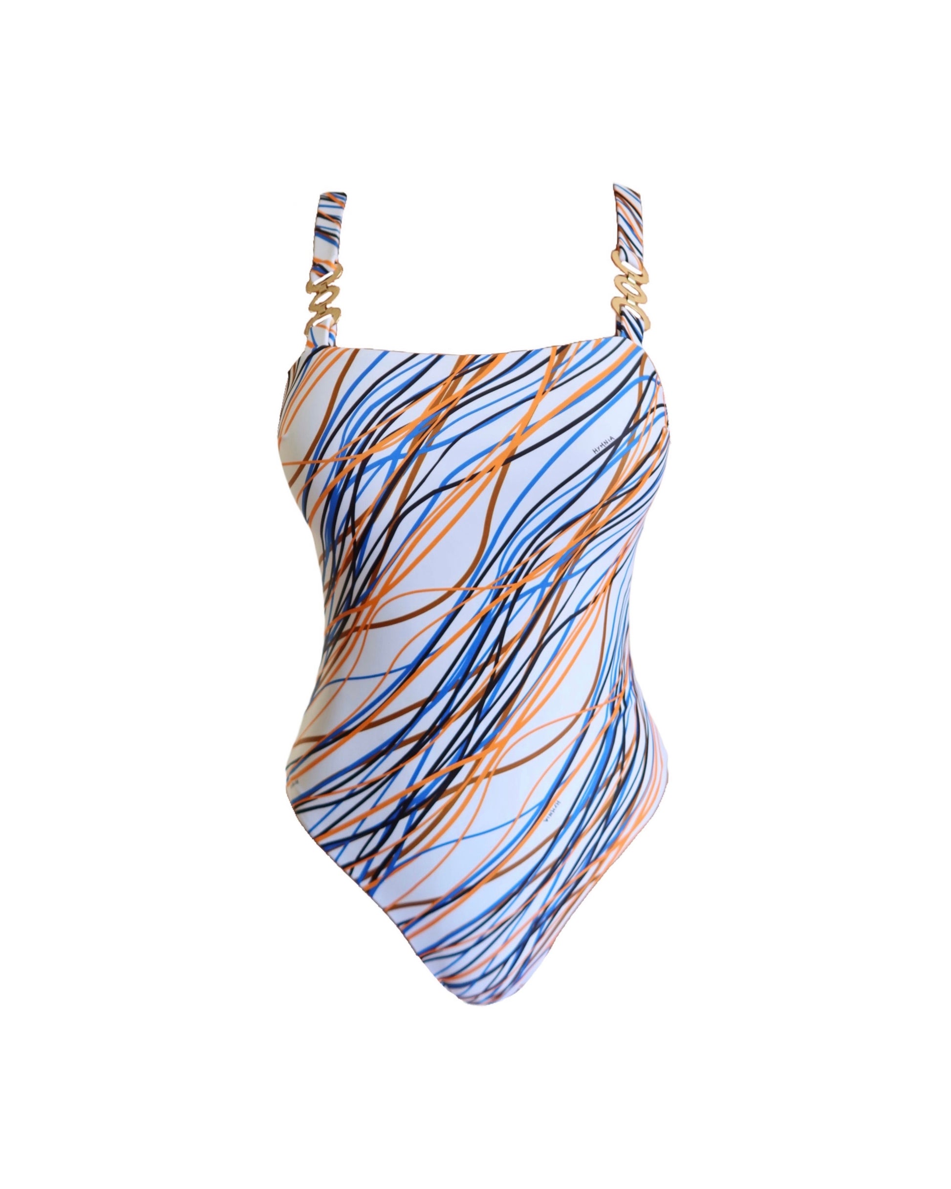 Multicoloured fantasy luxury one-piece swimwear for women made in Italy with gold accessories in recycled lycra econyl