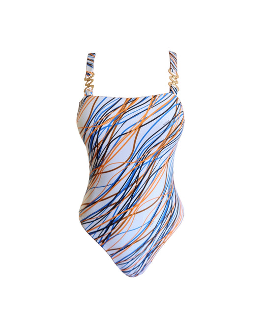 Multicoloured fantasy luxury one-piece swimwear for women made in Italy with gold accessories in recycled lycra econyl